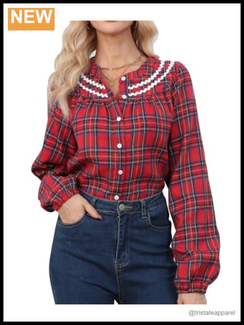 Long Sleeve Plaid Button Down Shirt Smocked Collar Lightweight Blouse